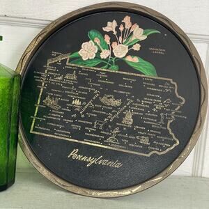 Vintage Round Black Tin Tray State Souvenir Serving Pennsylvania PA Pink Flower